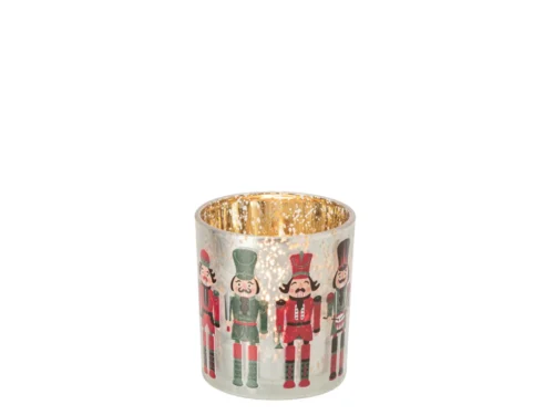 Waxinelichthouder Seinsum glas rood met goud glans en kerstsoldatenprint