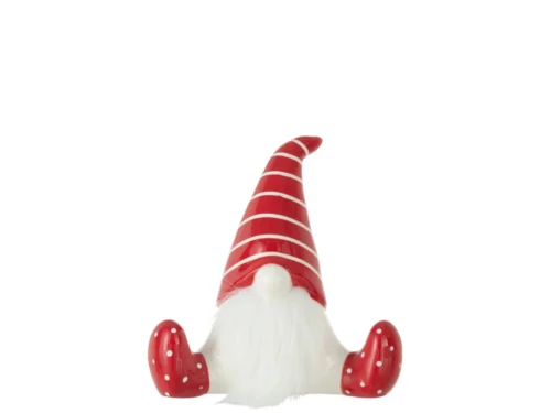 Decoratiefiguur Maunnin rode dolomiet gnoom met witte baard en gestreepte muts, feestelijk woonaccessoire H19 cm