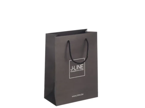 Zwarte Koblenz papieren tas met J-LINE opdruk en koordhengsels, compact en strak vormgegeven.