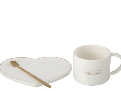Mok Neisten wit keramiek met hartvormige schotel en goudkleurige lepel, stijlvol voor koffie of thee