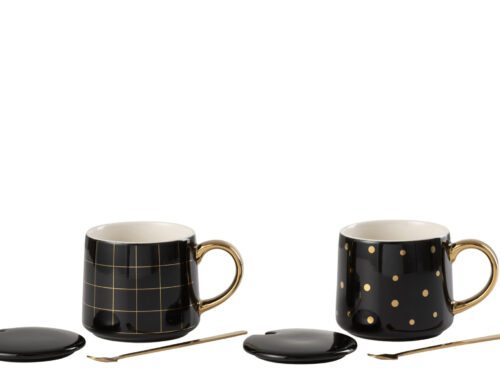 Set van 2 zwarte keramische mokken Nilon met gouden handgreep, bordje en lepeltje, modern dessin