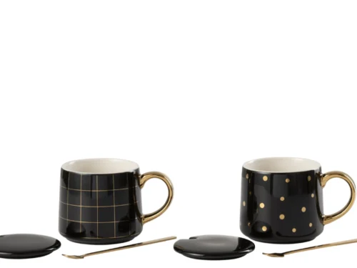Set van 2 zwarte keramische mokken Nilon met gouden handgreep, bordje en lepeltje, modern dessin