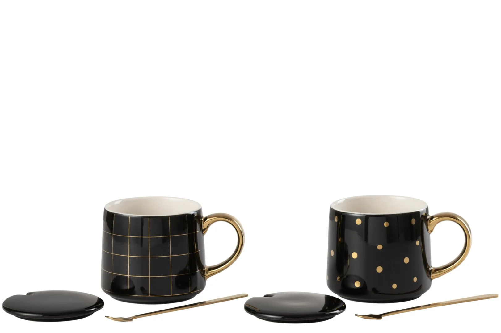 Set van 2 zwarte keramische mokken Nilon met gouden handgreep, bordje en lepeltje, modern dessin
