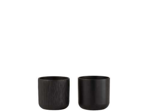 Set van 2 zwarte Leendi keramische bloempotten, compact 11,5 cm, met elegant matte en geribbelde afwerking