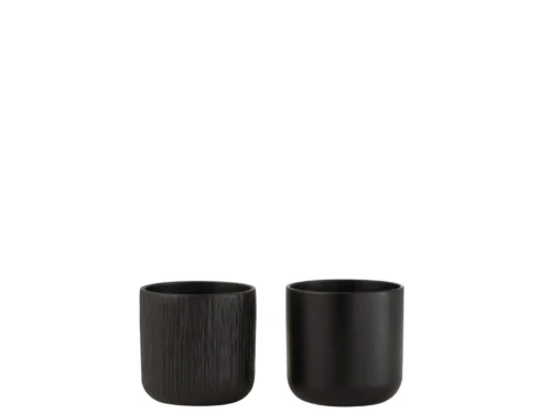 Set van 2 zwarte Leendi keramische bloempotten, compact 11,5 cm, met elegant matte en geribbelde afwerking