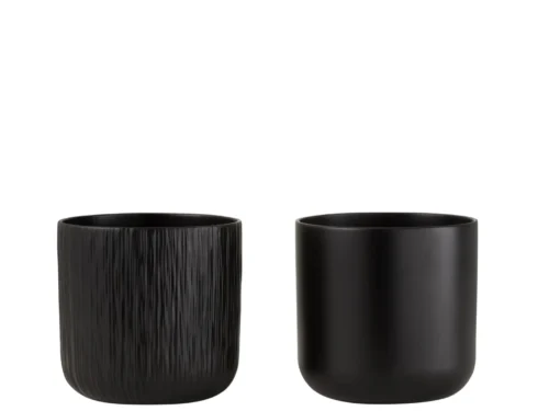 Zwarte Haabond keramieken bloempot set van 2, rond en compact met matte en geribbelde afwerking