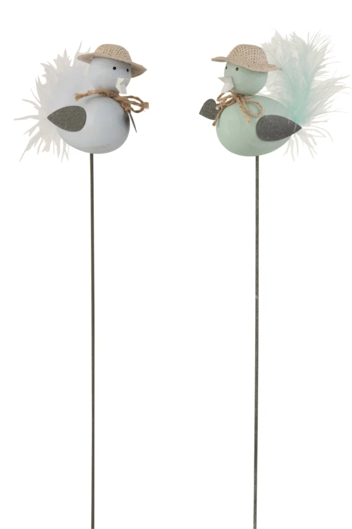 Hansero Hout Blauw set van 2 vogelfiguren op stok met hoedjes, veren en natuurlijke details