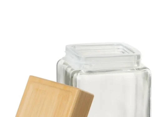 Pot Bentura glas transparant H15 cm met bamboedeksel, vierkant en compact design