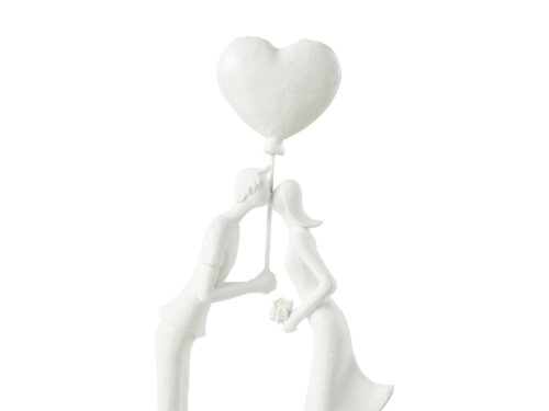 Beeld Slerak Steen Wit H30 cm: wit kussend paar met hartballon, decoratief en sfeervol woonaccessoire