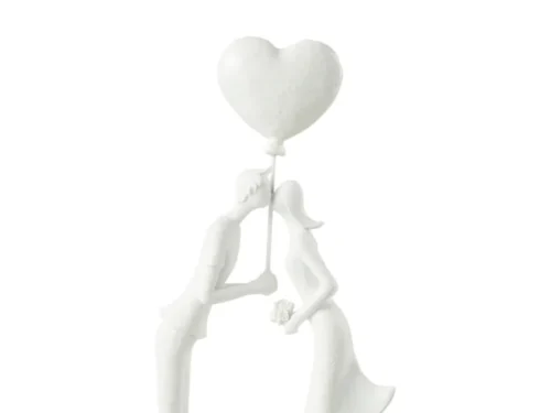 Beeld Slerak Steen Wit H30 cm: wit kussend paar met hartballon, decoratief en sfeervol woonaccessoire