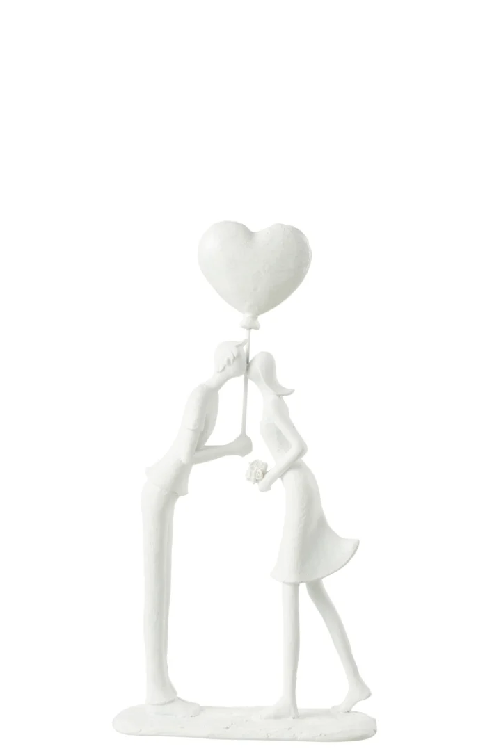 Beeld Slerak Steen Wit H30 cm: wit kussend paar met hartballon, decoratief en sfeervol woonaccessoire