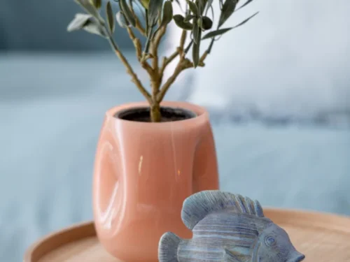 Nissand meerkleurige glazen vaas H16,5 cm met plant, roze-oranje tinten, set van 2