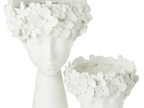 Bloempot Bresto Wit H40 cm met vrouwengezicht en bloemenrand, decoratief en elegant design
