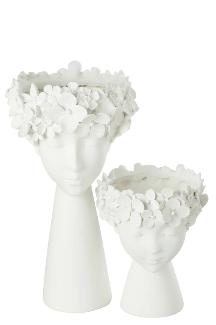 Bloempot Bresto Wit H40 cm met vrouwengezicht en bloemenrand, decoratief en elegant design