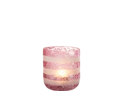 Waxinelichthouder Memu van roze glas met bubbels, compact en elegant, voor sfeervol kaarslicht