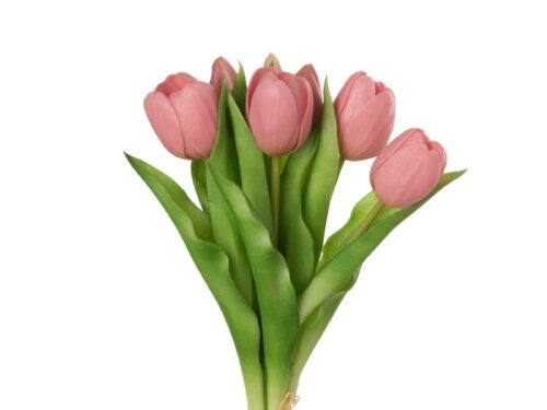 Kunstbloem Trossek polyurethaan: compact boeket met 7 roze tulpen en groene bladeren