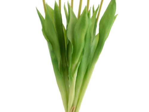 Kunstbloem Hinena: bos van 7 felroze tulpen met groene bladeren en slanke stelen