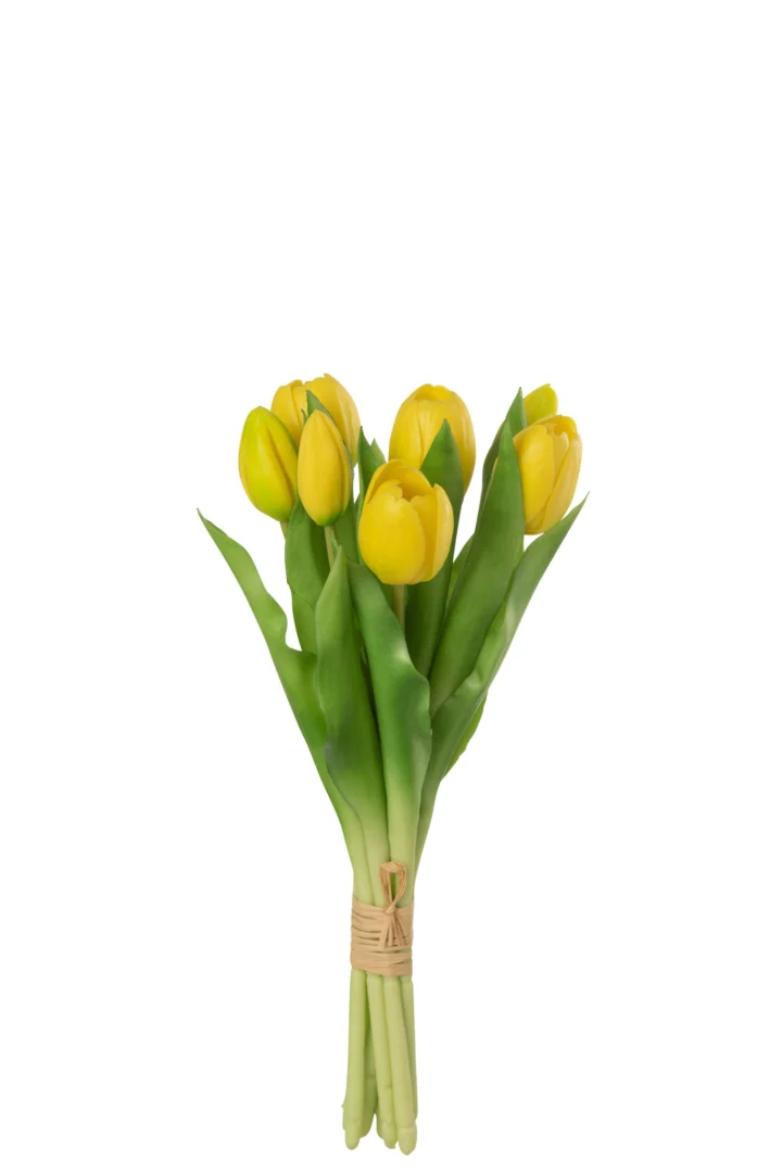 Kunstbloem Vaurane geel boeket met 7 tulpen en groene bladeren, compact en decoratief met kunstleer uitstraling