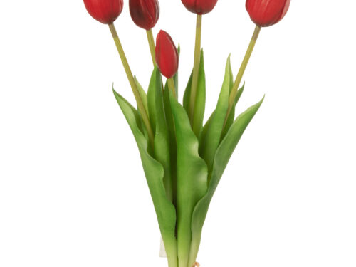 Kunstbloem Feebon rood tulpenboeket van polyurethaan met groene bladeren en stevige stelen