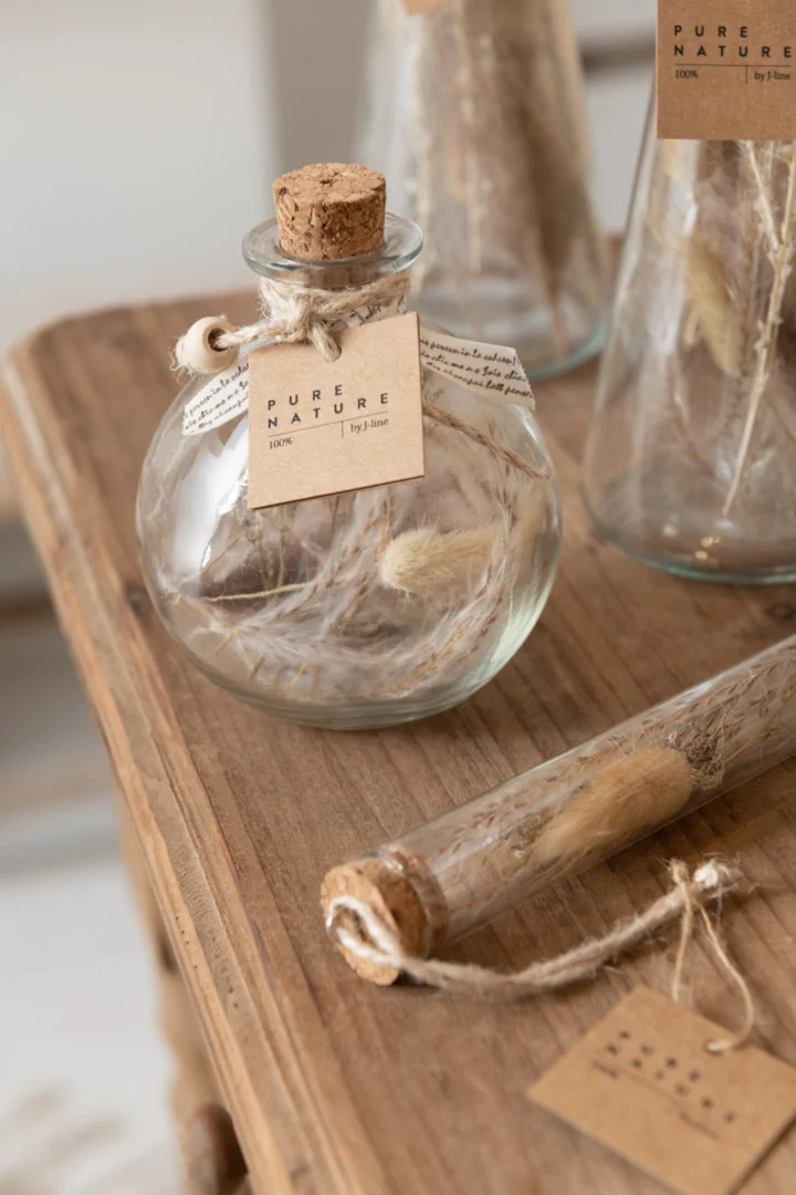 Droogbloemen Voovel Glas Naturel set van 2 met kurk en naturel decoratie