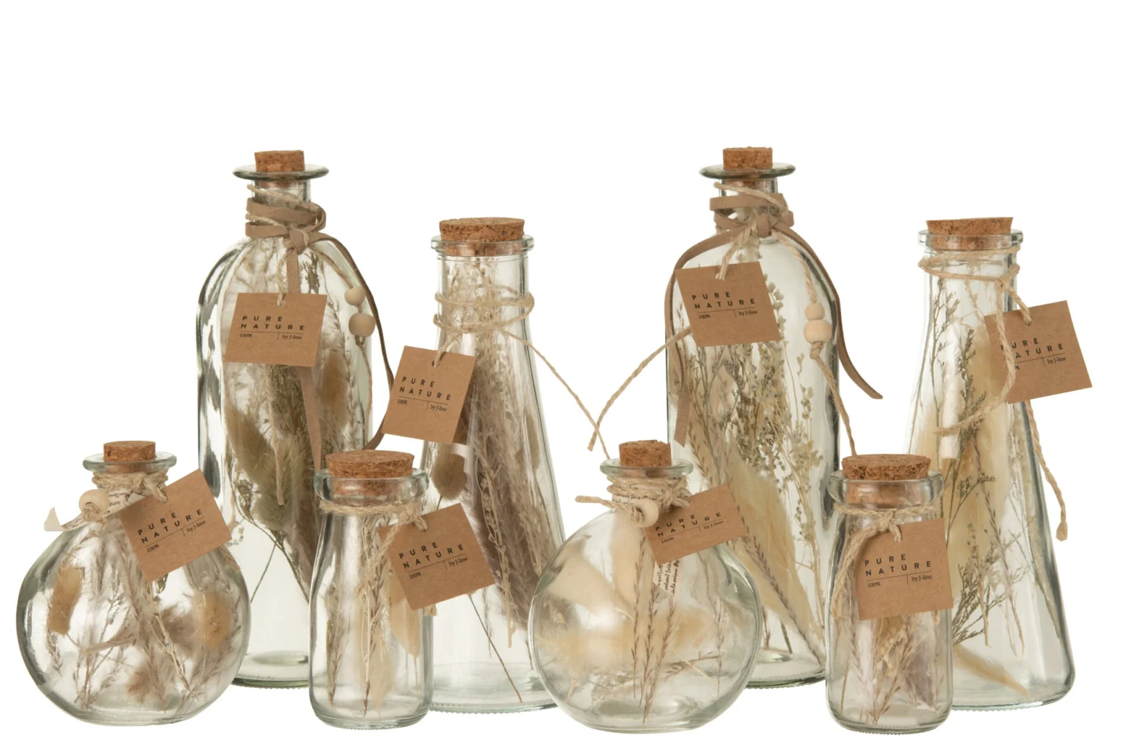 Droogbloemen Faanero Glas Naturel set van 2, decoratieve flessen met kurk en touw in rustige naturel tinten
