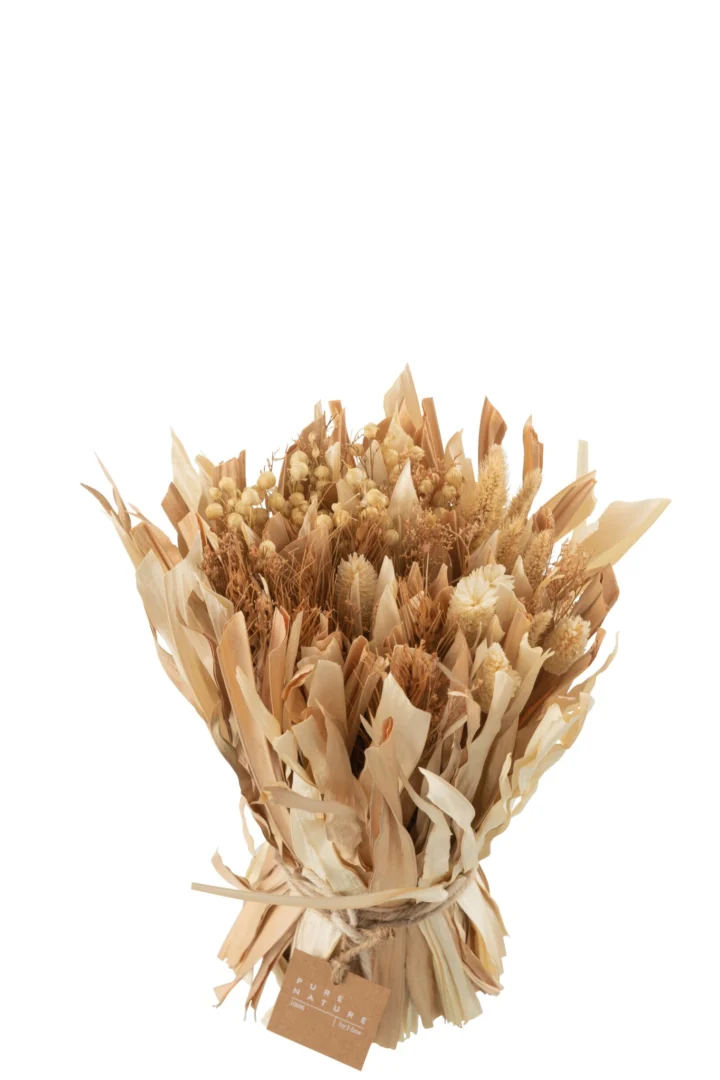 Ferun Gras droogbloemenbundel naturel, compact boeket met warme beige en zachte plukgrassen, afgewerkt met label