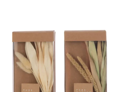 Geurolie Baukella Groen set van 2 in kartonnen doos, met droogbloemen en glazen flacons tea tree en cotton