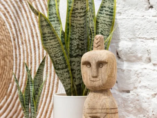 Pot Durdesta PVC groen H36 cm met slanke vorm en rustige uitstraling, gevuld met sansevieria's