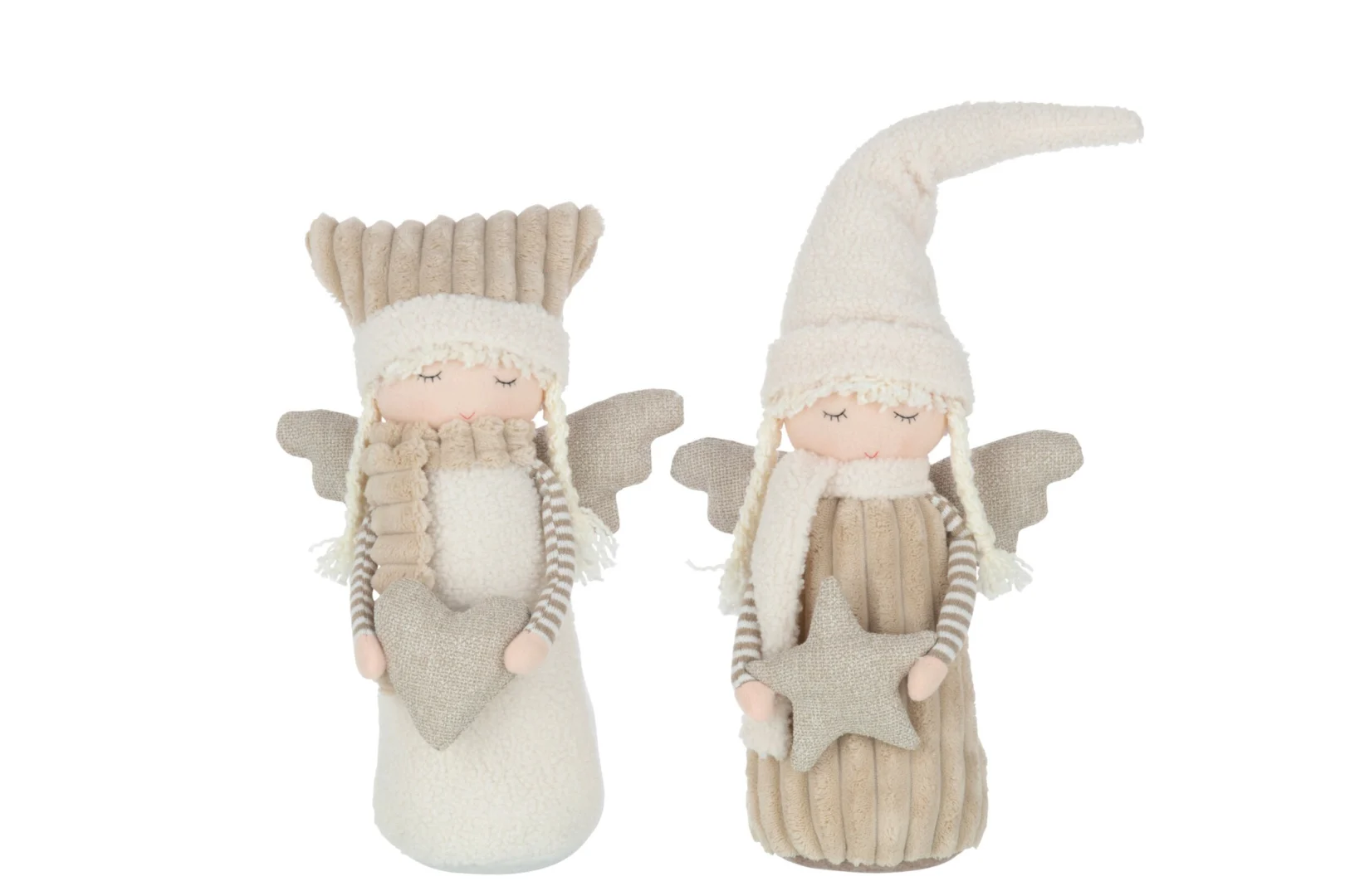 Polda woonaccessoire set van 2: twee beige kerstfiguren met ster en zachte textuur, gemaakt van polyester