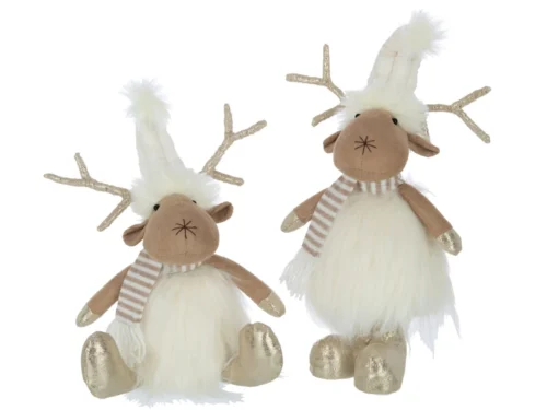 Decoratiefiguur Gunsesta set van 2 polyester rendieren met witte vacht, gouden gewei en feestelijke details