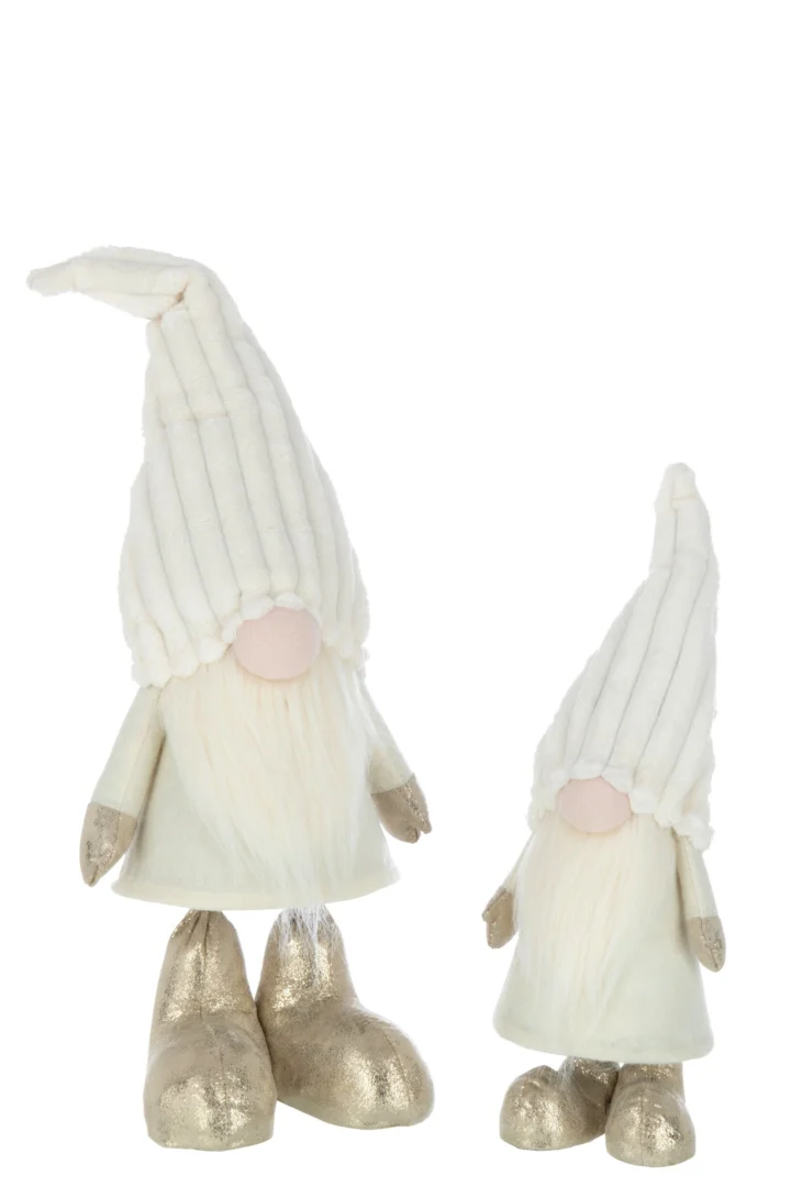 Woonaccessoire Gimas: twee witte kerstgnooms van polyester met gouden laarzen, hoge mutsen en zachte baard