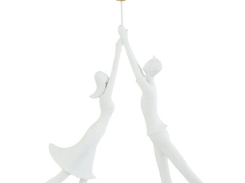 Beeld Nautan steen meerkleurig: wit paar met gouden hartballon, decoratief beeld 37 cm hoog