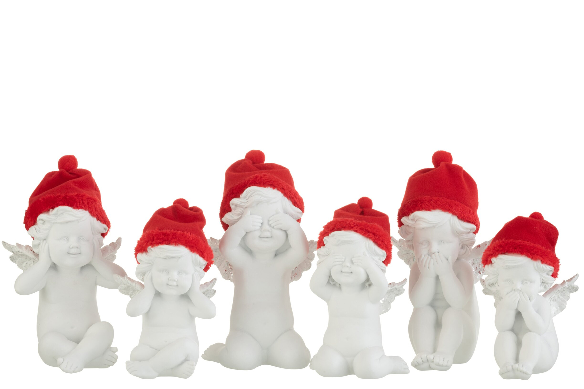 Decoratiefiguur Prinol: set van 3 witte engelbeeldjes met rode muts, speels en compact, 17,5 cm hoog