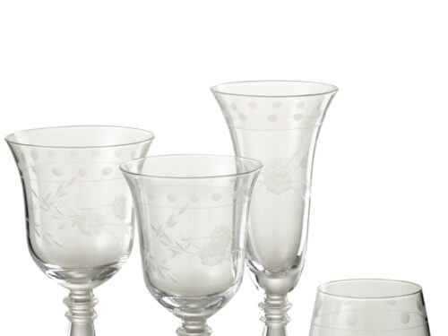 Transparant Nieldira drinkglas met gegraveerd bloemendessin en elegante hoge vorm voor stijlvol dineren