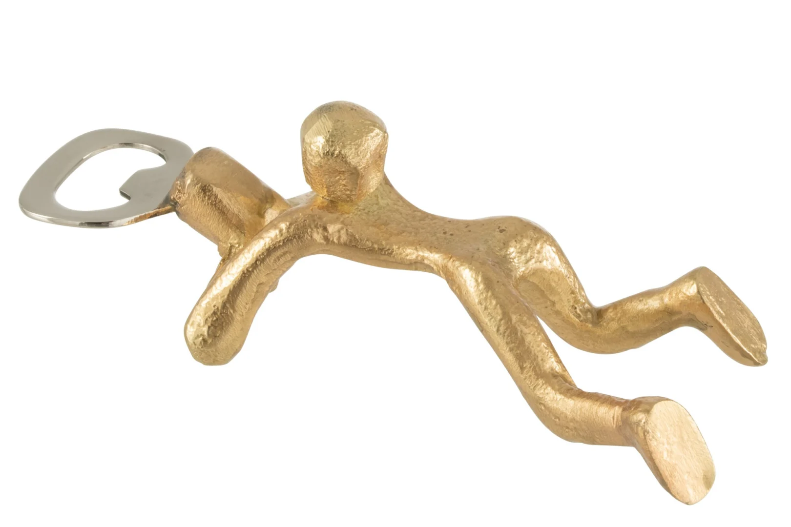 Woonaccessoire Tampa aluminium goud, compacte gouden flesopener met speels figuur en lichte afwerking
