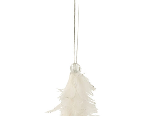 Kerstboom Poondia veren wit ornament met hangkoord en luchtige winterse uitstraling, H10 cm