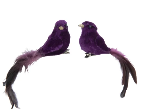 Decoratiefiguur Naussena paars set van 2 vogels met zachte veren en clipbevestiging