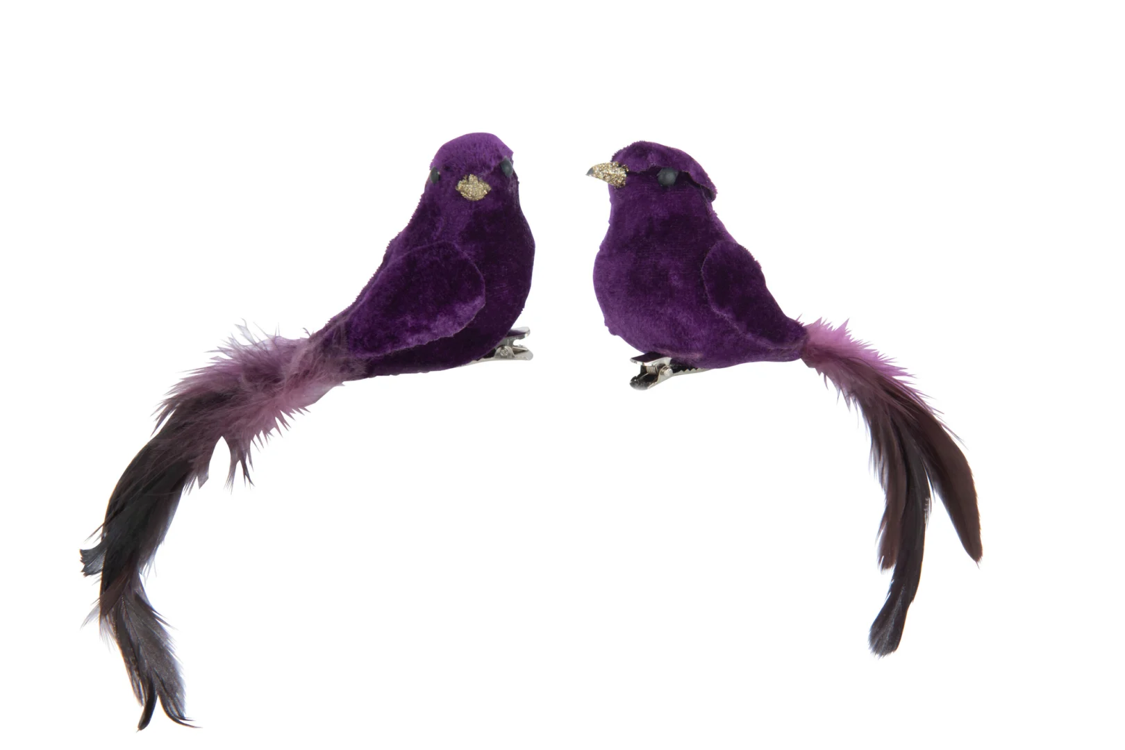 Decoratiefiguur Naussena paars set van 2 vogels met zachte veren en clipbevestiging