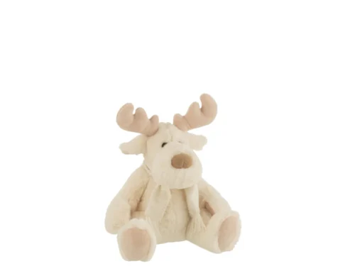 Plaid Ceinaro Wit zittend rendier van zacht textiel met beige gewei en sjaal, winterse woonaccessoire