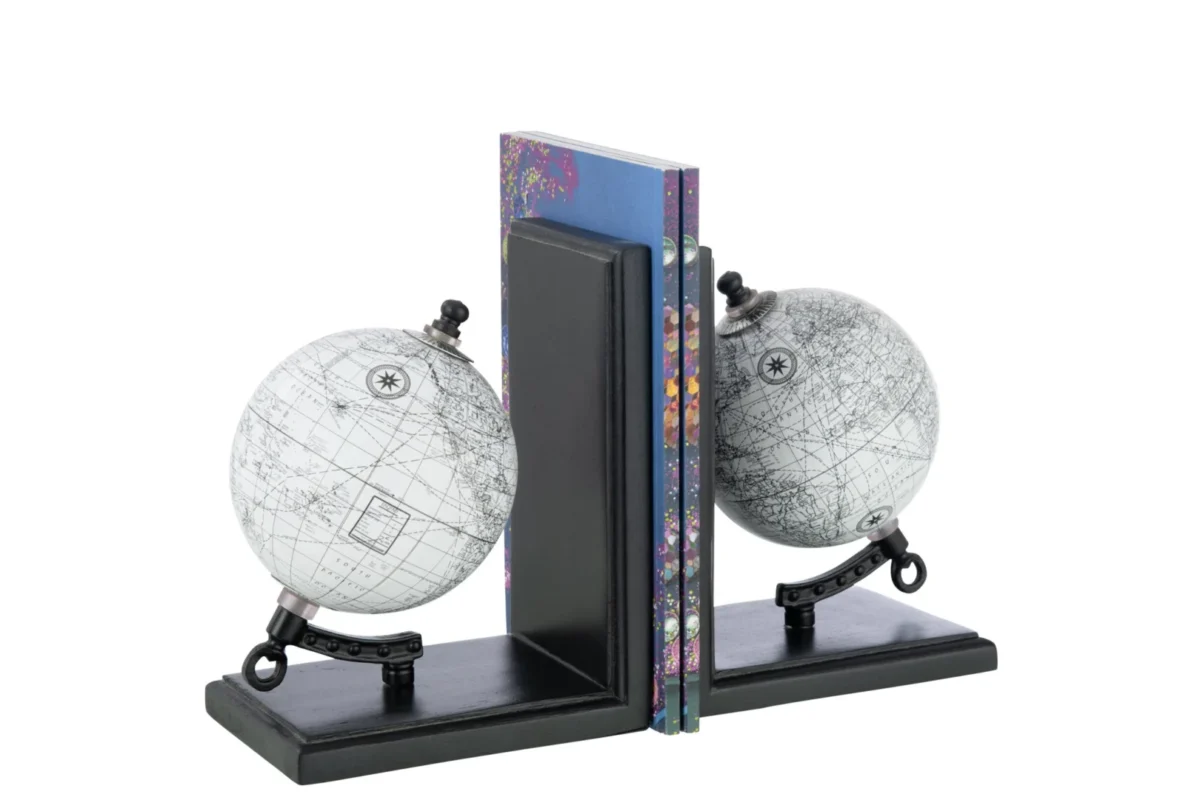 Boekensteun Cooban grijs met wereldbollen, kunststof en compact decoratief design