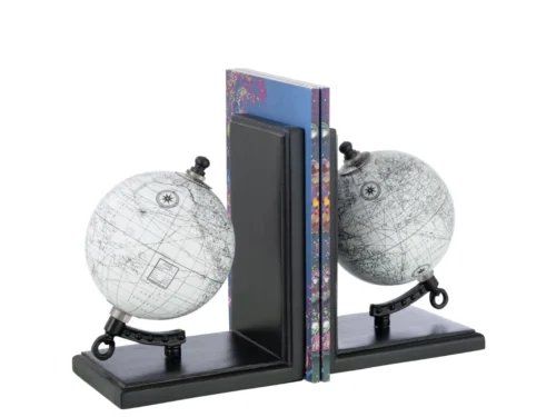 Boekensteun Cooban grijs met wereldbollen, kunststof en compact decoratief design