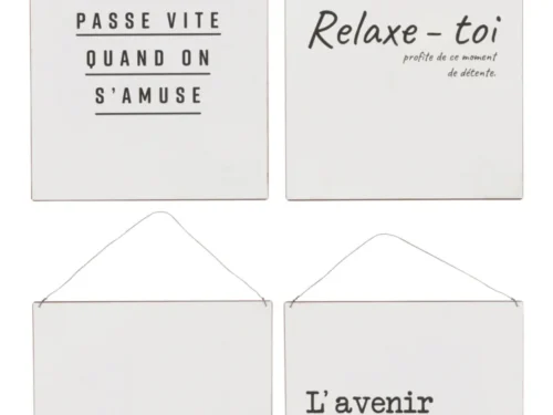Bord Rabero Metaal Wit set van 4 witte metalen naamplaten met Franse quotes en ophangkoord