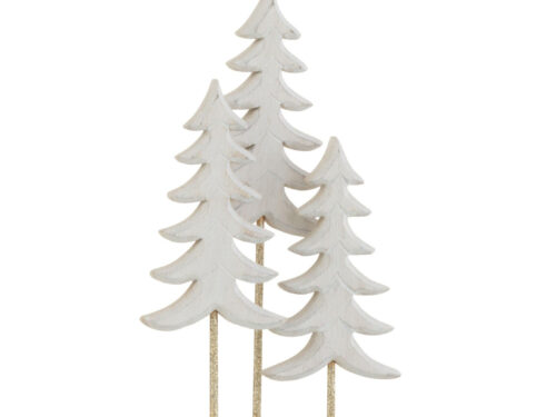 Kerstboom Furrond Hout Wit set van 3 met witte houten bomen en gouden metalen stelen op voetstuk