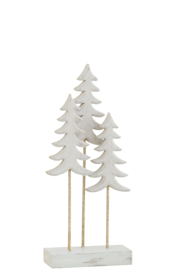Kerstboom Furrond Hout Wit set van 3 met witte houten bomen en gouden metalen stelen op voetstuk