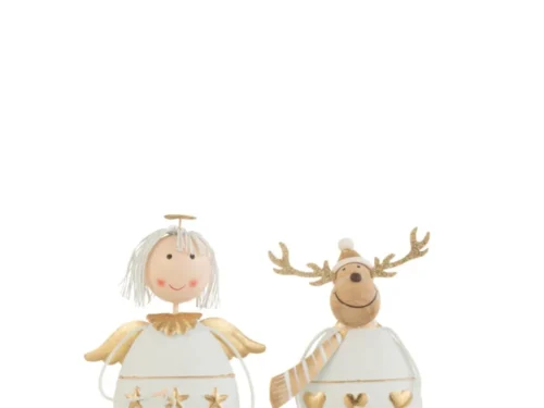 Toovek decoratiefiguren wit, set van 2, met metalen winterdetails en feestelijke goudaccenten, 18 cm hoog