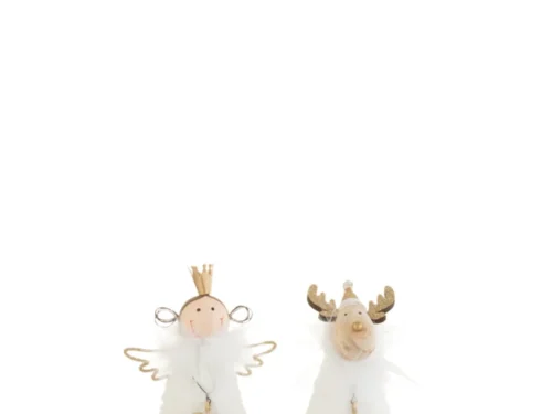 Decoratiefiguur Lino set van 2 in wit, met engel- en rendierfiguur, gouden details en houten voet