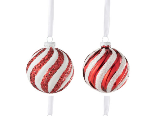 Opbergdoos Reevor Glas Rood met vier rode en witte kerstballen, glanzend glas en glitterstrepen, 8 x 8 x 8 cm