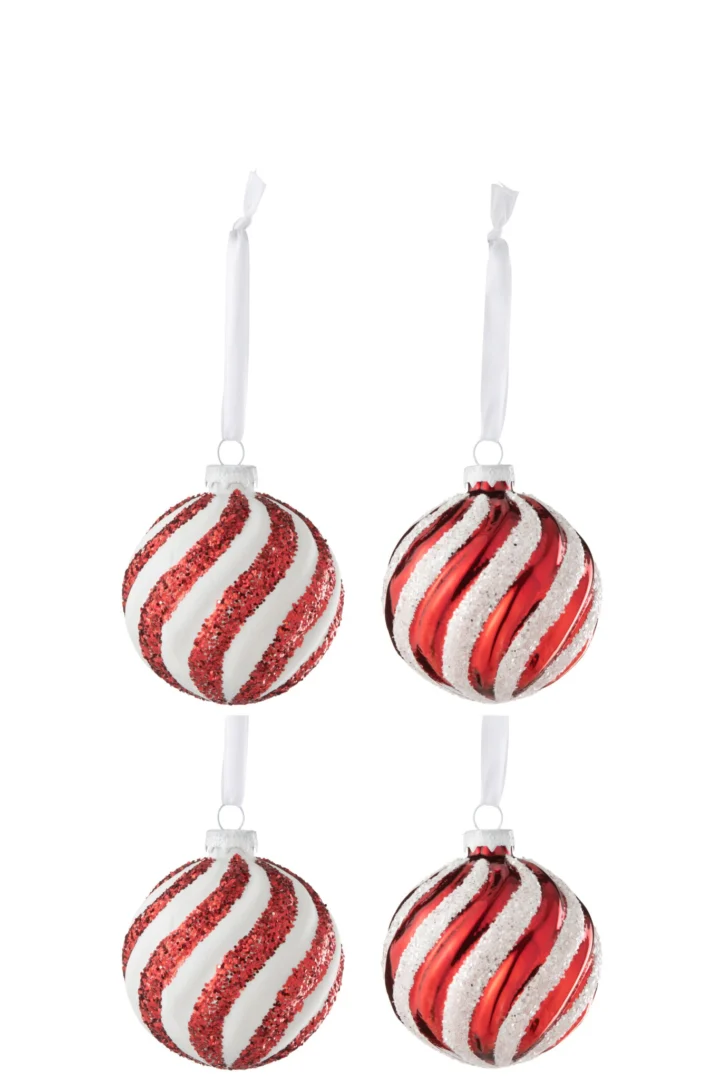Opbergdoos Reevor Glas Rood met vier rode en witte kerstballen, glanzend glas en glitterstrepen, 8 x 8 x 8 cm