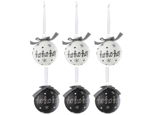 Set van 6 Caarnino glazen kerstballen, zwart-wit met ho ho ho-print en strikje