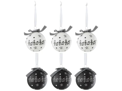 Set van 6 Caarnino glazen kerstballen, zwart-wit met ho ho ho-print en strikje